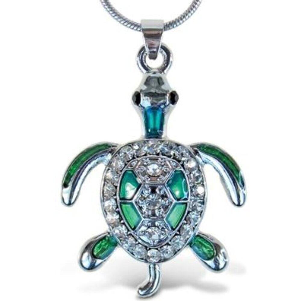 Green Sea Turtle Necklace Silver Tone Pendant with 18 Inch Chain Ocean Jewelry
